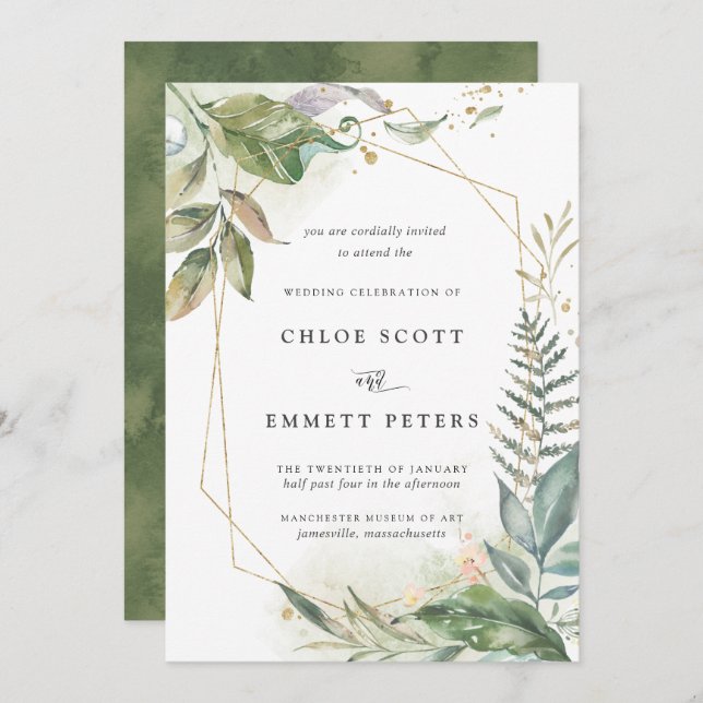 Modern Green Gold Botanical Wedding Invitation (Front/Back)