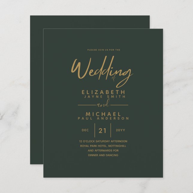 Modern Green Gold Budget Wedding Invites (Front/Back)