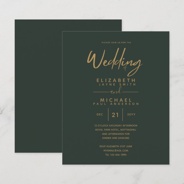 Modern Green Gold Budget Wedding Invites (Front/Back)
