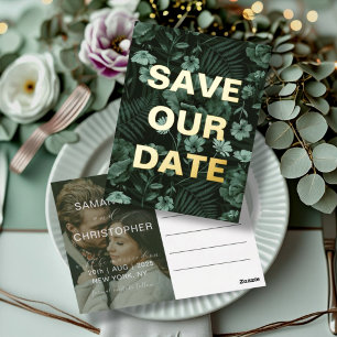 Modern Green & Gold Calligraphy Save Our Date  Foil Holiday Postcard