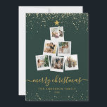 Modern Green Gold Christmas Tree Photo Collage Holiday Card<br><div class="desc">Personalised Christmas cards featuring a Christmas tree shaped photo collage with 6 pictures alongside elegant minimalist typography in gold colour on green background. Reverse side features your custom holiday message to friends and family with one square photo.</div>
