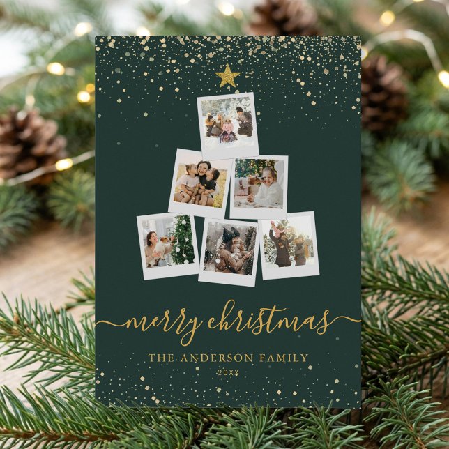 Modern Green Gold Christmas Tree Photo Collage Holiday Card (Creator Uploaded)