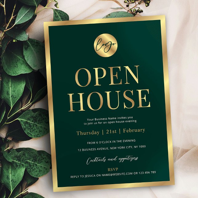 Modern Green & Gold Company Logo Office Open House Invitation (Professional emerald green and faux gold business logo open house invitation design)