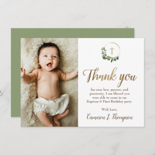 Modern Green Gold Cross baptism 1st birthday photo Thank You Card