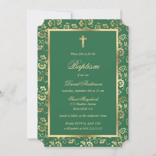 Modern Green Gold Floral Boy Baptism Invitation
