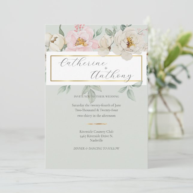 Modern Green Gold Floral Wedding  Invitation (Standing Front)