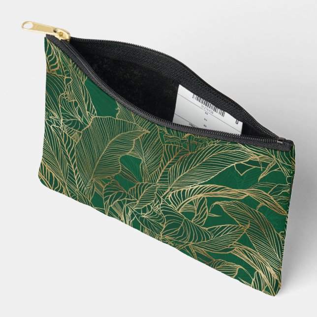 Modern Green Gold Foliage Plant Botanical Design Accessory Pouch (Open)