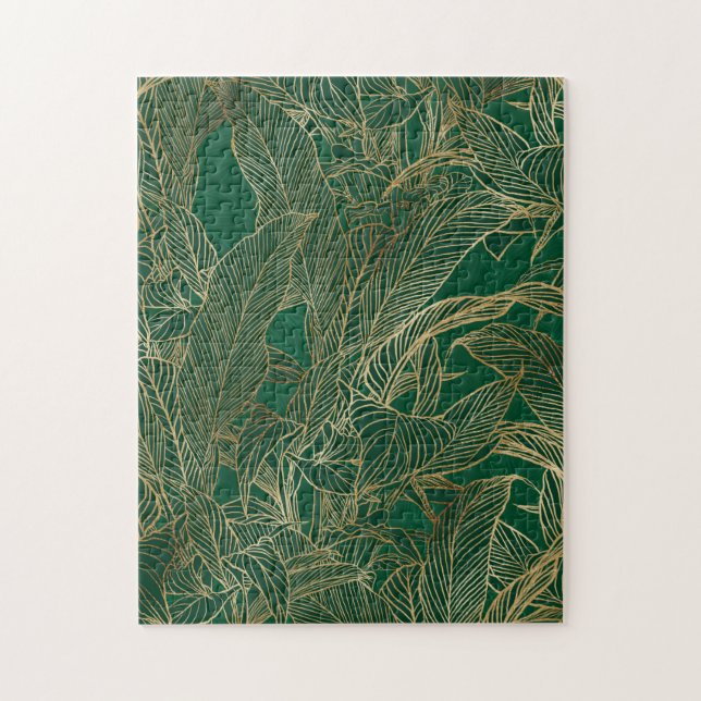 Modern Green Gold Foliage Plant Botanical Design Jigsaw Puzzle (Vertical)