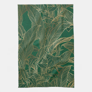 Modern Green Gold Foliage Plant Botanical Design Tea Towel