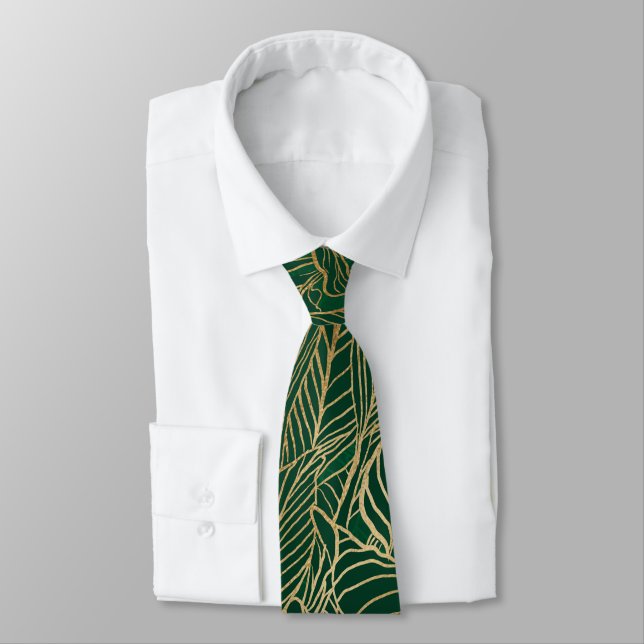 Modern Green Gold Foliage Plant Botanical Design Tie (Tied)