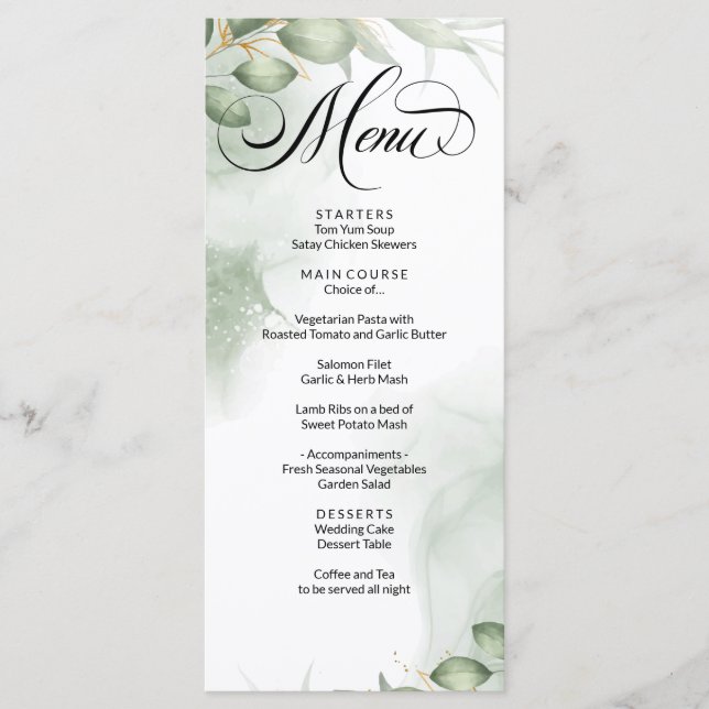 Modern Green Gold Frame Foliage Wedding Menu (Front)