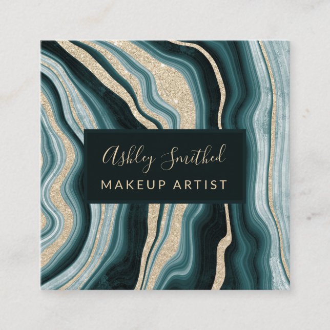 modern green gold glitter agate chic makeup square square business card (Front)