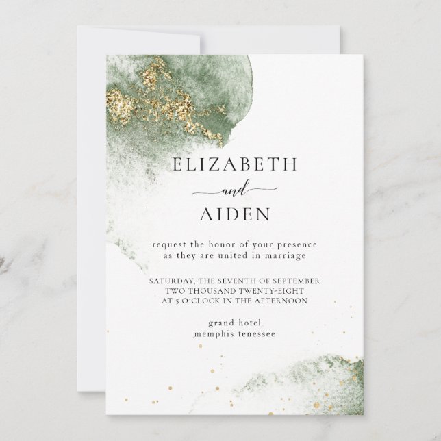 Modern Green Gold (Imitation) Watercolor Splatters Invitation (Front)