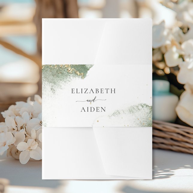 Modern Green Gold (imitation) Watercolor Wedding   Invitation Belly Band (Modern Green Gold (imitation) Watercolor Wedding Invitation Belly Band with your names)