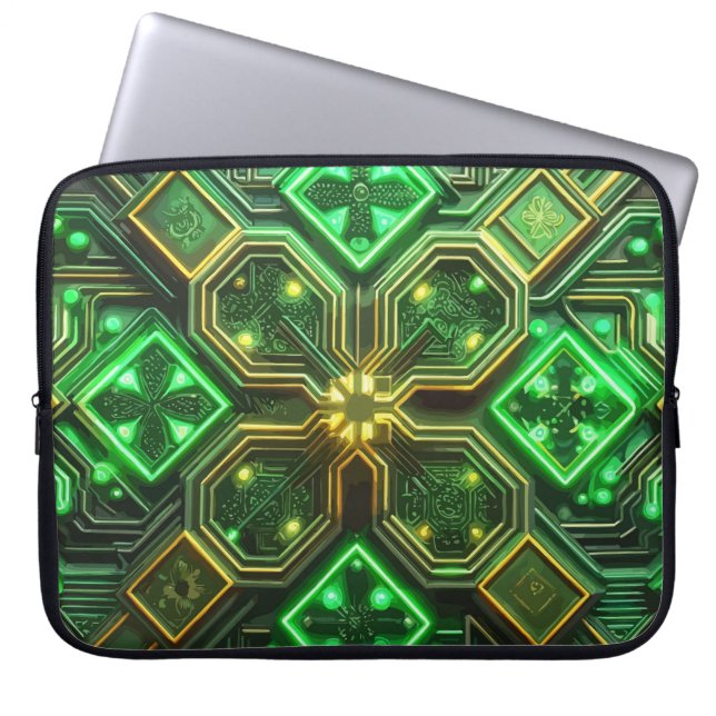 MODERN GREEN & GOLD IRISH CELTIC PATTERNS LAPTOP SLEEVE (Front)