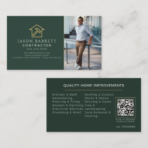 Modern Green Gold Landscaping Contractor Photo QR Business Card
