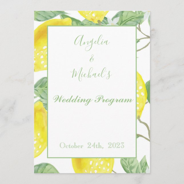 Modern Green Gold Lemon Wedding Program Programme (Back)
