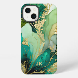 Modern Green Gold Marble Monogram Personalised iPhone 13 Case