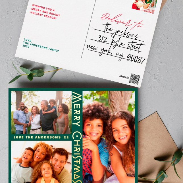 MODERN GREEN Gold MERRY CHRISTMAS MULTI Photo Foil Holiday Postcard (Creator Uploaded)