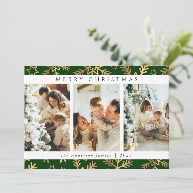 Modern Green Gold Merry Christmas Photo Collage Holiday Card (Standing Front)