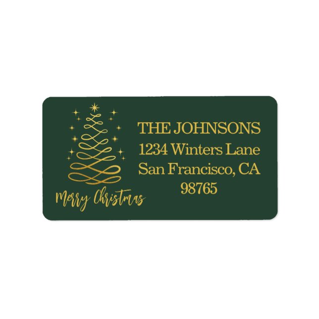Modern green gold Merry Christmas tree snowflake Label (Front)
