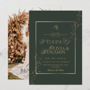Modern Green & Gold Minimalist Botanical Wedding Invitation
