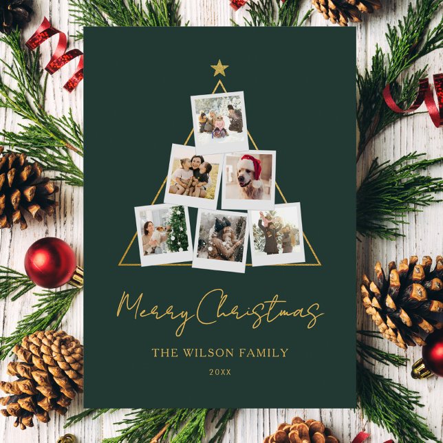 Modern Green Gold Photo Collage Christmas Holiday Card (Creator Uploaded)