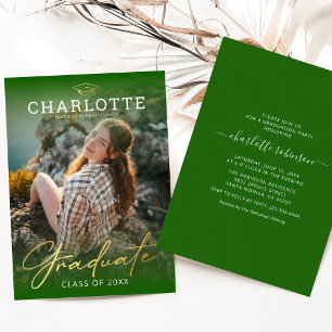 Modern Green Gold Photo Graduation Invitation