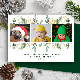 Modern Green Gold Red Berries Watercolor Greenery Holiday Card