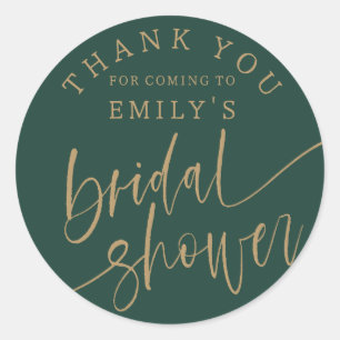 Modern Green & Gold Script Bridal Shower Favour Classic Round Sticker