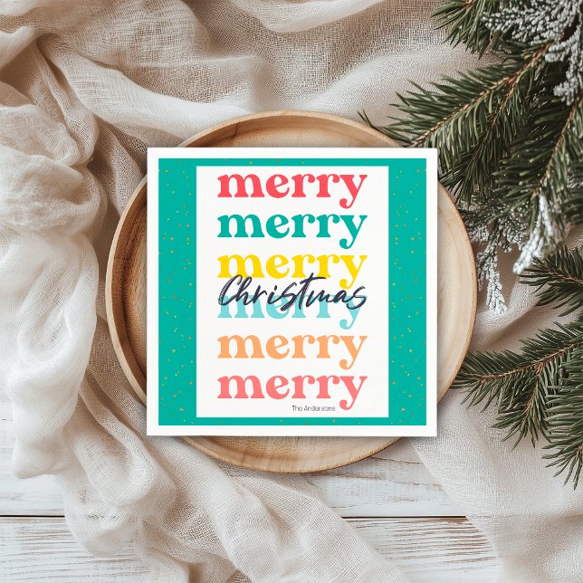 Modern Green Gold Stars Colourful Merry Christmas Napkin (Creator Uploaded)