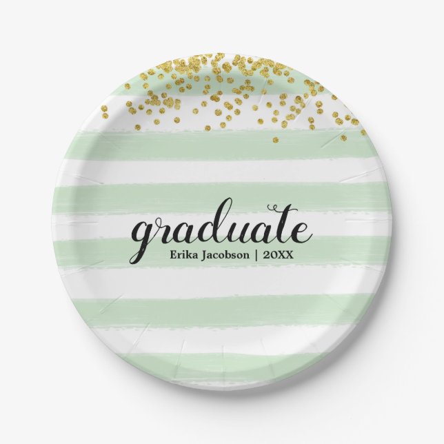Modern Green & Gold Stripe Graduation Party Plates (Front)