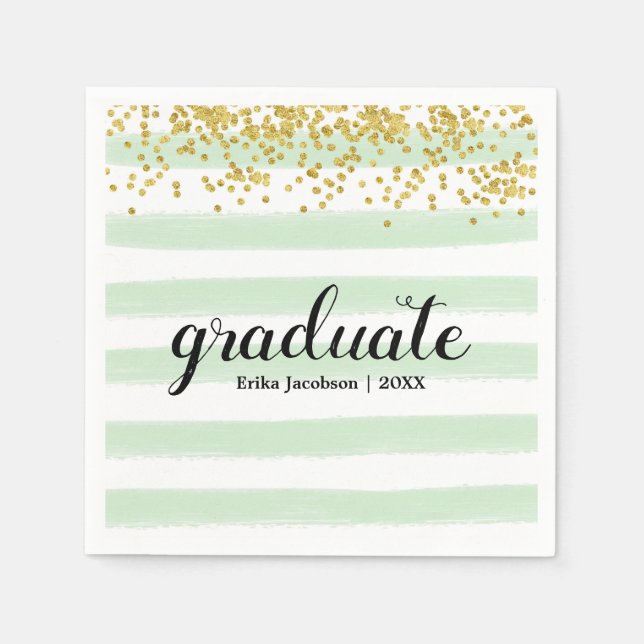 Modern Green & Gold Stripes Graduate Party Napkins (Front)