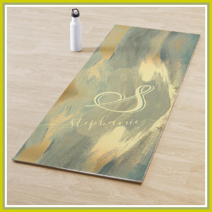 Modern Green Gold Strokes 3-Colour Monogram  Yoga  Yoga Mat