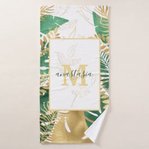 Modern Green Golden Tropical Leaves Monogram  Bath Towel Set