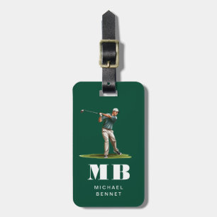 Modern Green Golfer Sport Monogram Luggage Tag