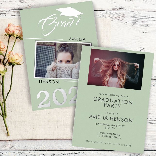 Modern Green Graduate 2 Photo Graduation Silver (Creator Uploaded)