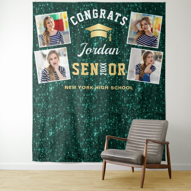 Modern Green Graduation 4 Photo Booth Backdrop Tapestry (In Situ)