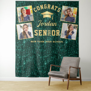 Modern Green Graduation 4 Photo Booth Backdrop Tapestry