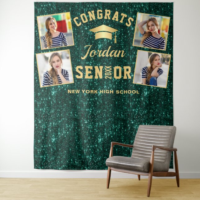 Modern Green Graduation 4 Photo Booth Backdrop Tapestry (In Situ)