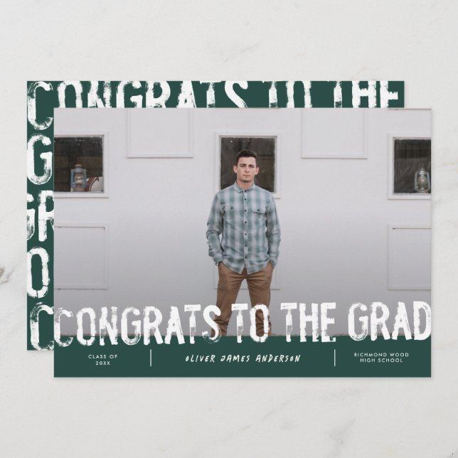 Modern green grungy photo graduation announcement (Front/Back)