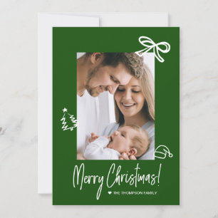 Modern Green Hand Drawn Doodle Photo Christmas Holiday Card