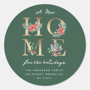 modern green holiday moving announcement classic round sticker