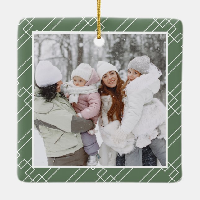 Modern green holly berries Christmas 2 photos Ceramic Ornament (Back)