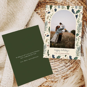 Modern Green Holly & Pine Leaves Arch Photo Holiday Card
