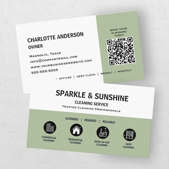 Modern Green Housekeeping Cleaning Service QR Code Business Card (Creator Uploaded)