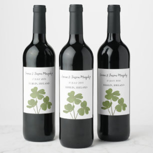  Modern Green Irish Clover Leaf Wedding   Wine Label