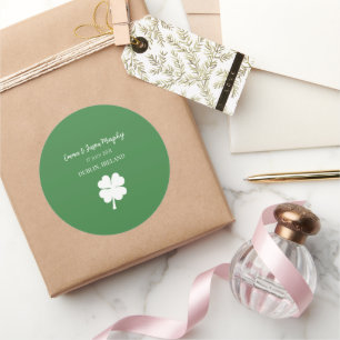 Modern Green Irish Four Leaf Clover Wedding Favou Classic Round Sticker