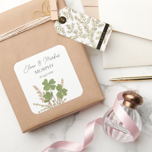  Modern Green Irish Leaf Clover Wedding   Square Sticker (Gifting)