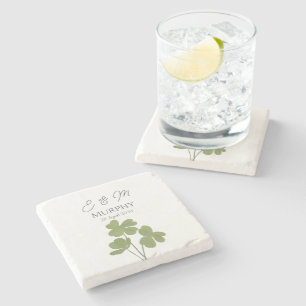 Modern Green Irish Leaf Clover Wedding Stone Coaster